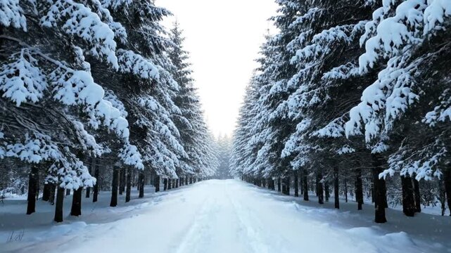 A breathtaking serene journey through a pristine winter forest, where towering evergreen trees stand majestically, their branches heavily laden with a thick blanket of freshly fallen snow. A narrow, u
