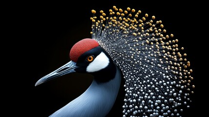 Naklejka premium Majestic Grey Crowned Crane Portrait on Black Background