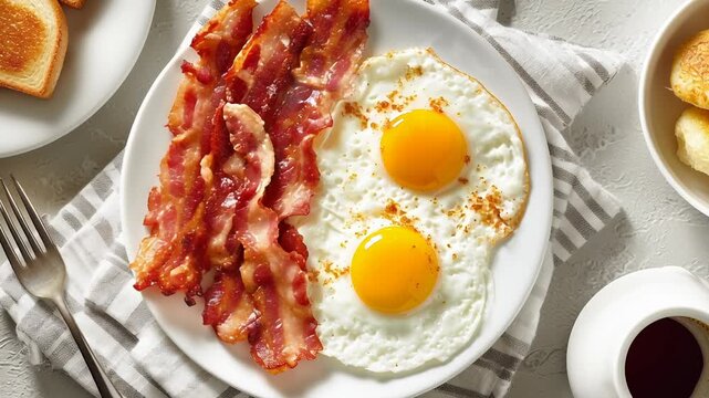 A plate of bacon and eggs sits on a table with a fork, a cup of coffee, and a bowl of hash browns. Overhead shot of a breakfast plate with bacon isolated from other foods, subtle visual 