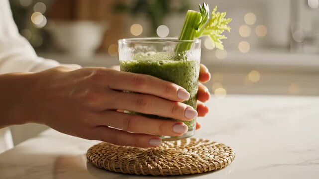 Female hands delicately gripping a glass of vibrant green detox smoothie, garnished with a fresh celery stick, celebrating healthy eating habits, detoxification, and overall wellness in a warm home