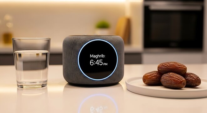 Dates and water with smart speaker showing maghrib prayer time in kitchen