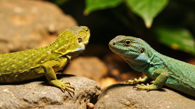 A captivating close-up frames two vividly colored lizards, one emerald green and the other a striking turquoise, engaging in a moment of subtle interaction. Perched on textured rocks, their intricate 