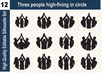 Silhouette set of three people high-fiving in a circle, representing teamwork, celebration, success, and unity in a business or social environment.