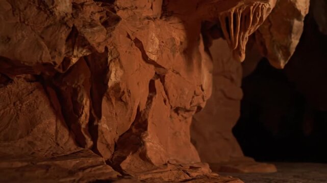A captivating close-up reveals intricate reddish-brown rock formations and prominent stalactites within an ancient cave. Warm, diffused light illuminates the rugged textures and earthy tones, with dee