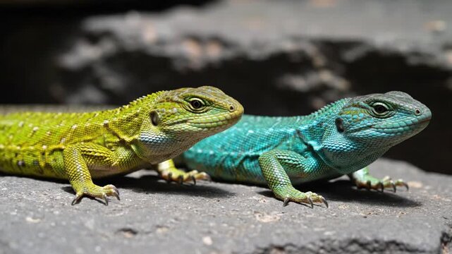 A captivating close-up shot features two vibrant lizards, one showcasing brilliant green scales and the other a striking blue-teal coloration, resting calmly side-by-side on a textured, rocky surface.