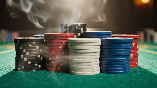 A captivating close-up shot reveals multiple meticulously arranged stacks of colorful gaming chips&mdash;hues of red, blue, black, and white&mdash;resting firmly on a plush, vibrant green felt table. The backgrou