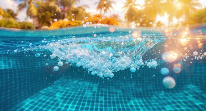 Split-level shot, clear pool water with bubbles rising. Sun-drenched, tropical, idyllic