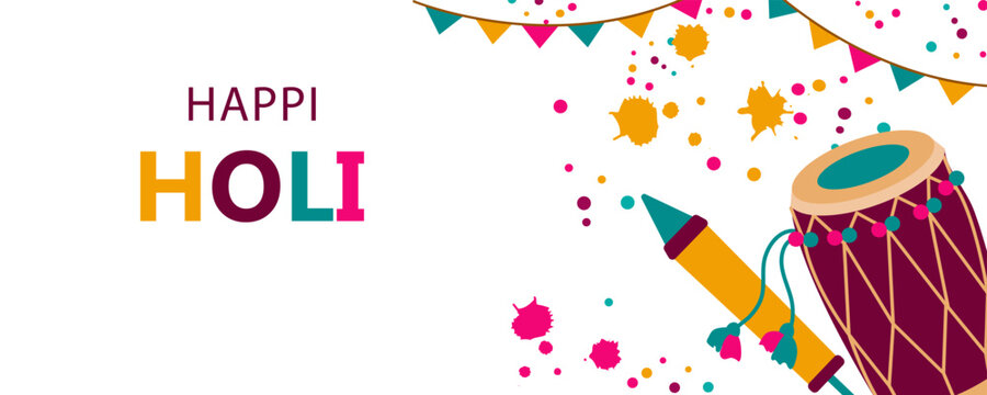  Colorful happy holi indian festival banner template. Vector illustration in a flat style  on a white background