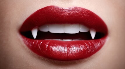 Fototapeta premium Vampire lips with sharp white fangs and bold red lipstick, captured in ultra-photorealistic detail against a clean minimal background, showcasing high dynamic range and sharp focus