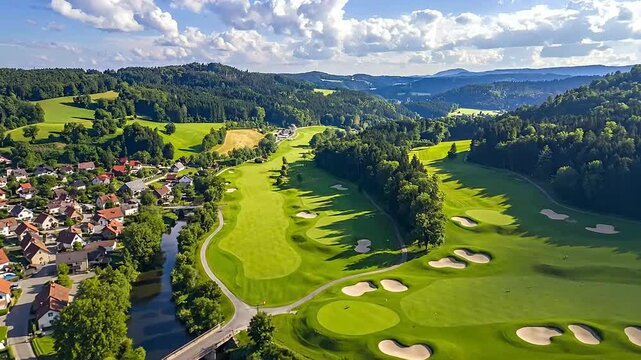 Aerial view shows a lush green golf course winding through a valley near a small town, creating a scenic landscape.