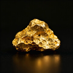 Natural Gold Nugget on Reflective Black Surface. Shiny Raw Precious Metal Ore. Luxury Concept of Mining Geology, Financial Wealth, Investment, Economy Market, Rare Mineral and Expensive Texture.