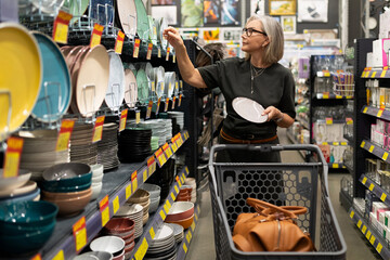 Shopping for dinnerware in a home goods store during a busy afternoon
