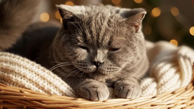 A charming close-up captures a beautiful grey feline comfortably nestled in a rustic wicker basket, adorned with a soft, chunky knit white blanket. The cat's serene expression and captivating amber ey