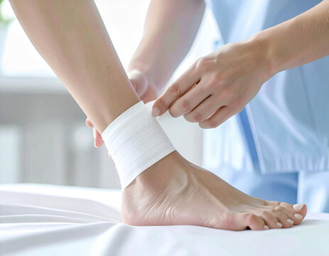 Manos de enfermera o doctora colocando un vendaje blanco alrededor del tobillo de un paciente, concepto de primeros auxilios, atenci&oacute;n medico sanitaria de urgencias, medicina y salud