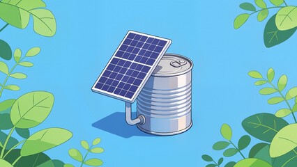 Solar panel on metal can with green leaves