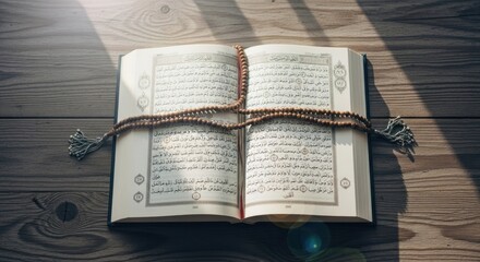 Fototapeta premium Open book with Arabic script & beads on wooden surface under sunlight