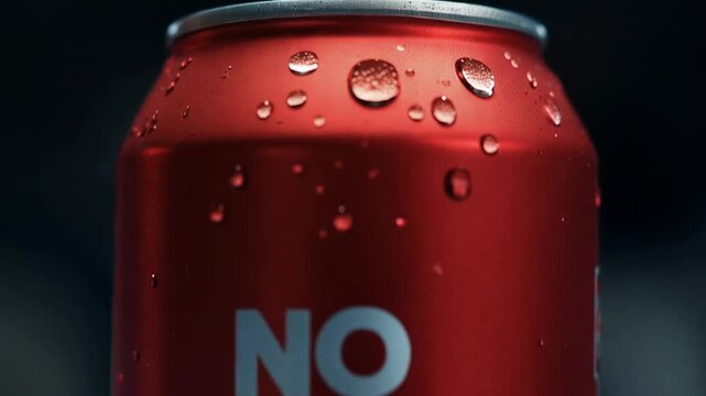 A chilled red aluminum can with a prominent 'No Sugar' label, covered in visible water droplets, stands on a dark surface. It embodies a health conscious choice, advocating a balanced diet