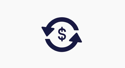 Obraz premium Dark Blue Currency Exchange Vector Icon – Dollar Sign with Circular Arrows Financial Transaction Symbol Isolated on White