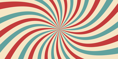 Circus or carnival rays background layout with vector grunge texture. Retro spiral pattern with red, white and blue radial stripes of vintage circus, carnival, fair or chapiteau big top tent