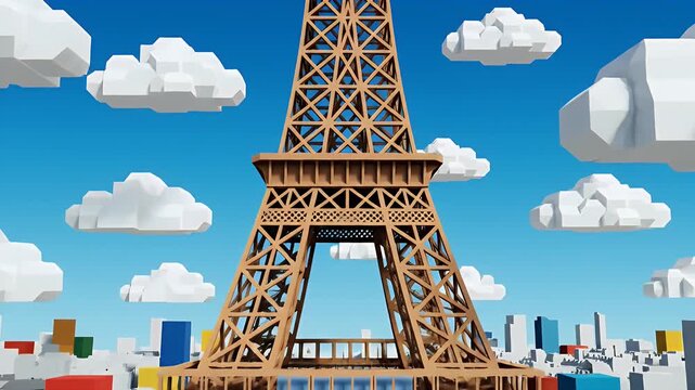 Low poly Eiffel Tower in colorful stylized Paris cityscape