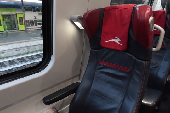 Italo NTV Nuovo Trasporto Viaggiatori express train Prima classe at Milano Centrale Station on May 17, 2025