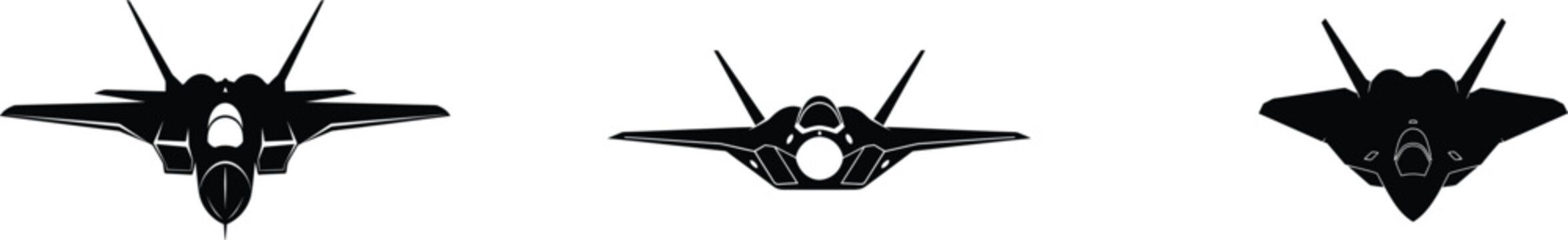 Fighter jets silhouette set showing three modern military aircraft from a front view in a black vector illustration on a clean isolated background.