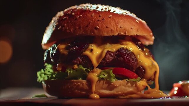 A juicy cheeseburger on a dark surface, viewed closely with melted cheese and lettuce