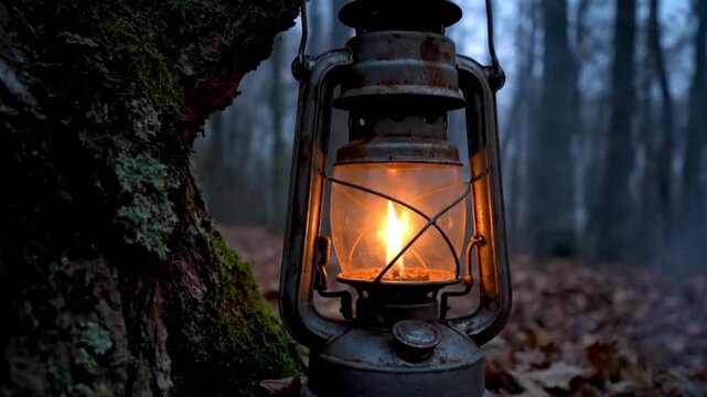 A close-up shot captures the serene beauty of a vintage, rustic oil lamp, casting a warm, flickering glow against the backdrop of a dark, mystical forest. The weathered metal lantern, adorned with sig