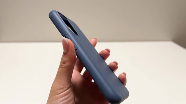 A close-up shot focuses on a person's hand holding a modern mobile device encased in a sleek, dark blue protective cover. The hand is seen pressing or adjusting the side buttons, typically used for vo