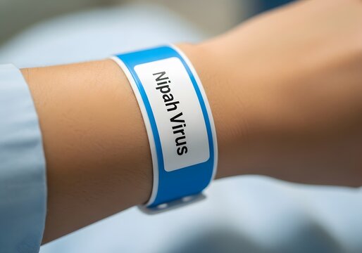 Nipah Virus diagnosis displayed on a patient's ID wristband in a hospital, symbolizing infectious disease outbreak and public health risk.