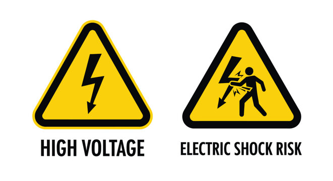 Warning signs indicating high voltage and electric shock risk hazards prominently displayed for safety awareness and caution purposes always
