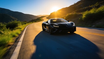 Sports car on mountain road at sunset