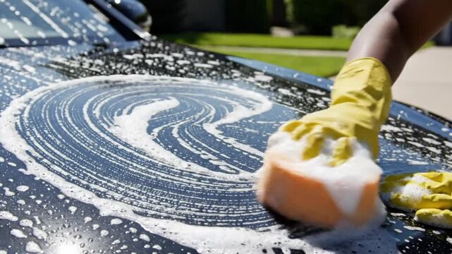 A close-up shot showcases a person wearing a bright yellow rubber glove, meticulously scrubbing the dark, glossy surface of a vehicle with an orange sponge. The sponge is thoroughly coated in rich, wh