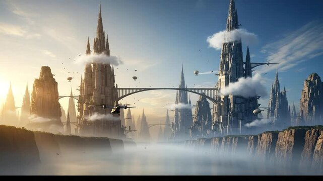 Cloud-piercing spired metropolis over misty waters, airship