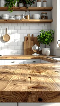 Wooden kitchen counter with shelves, plants, and white tile backsplash