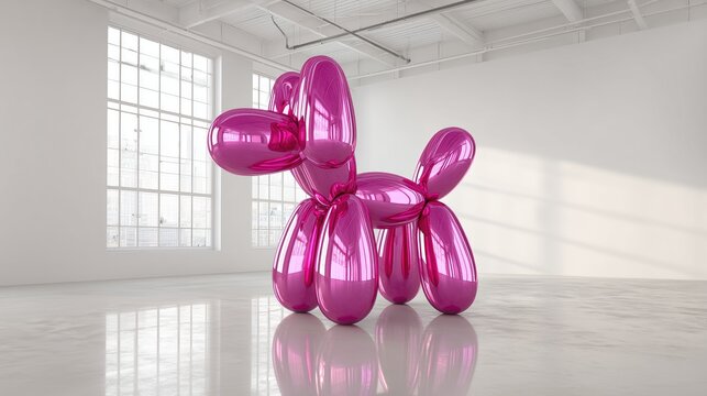 Innovation in a bright minimalist room featuring a glossy pink balloon dog sculpture by a large window.