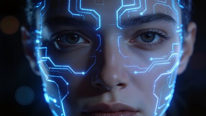 Human face with glowing circuit patterns