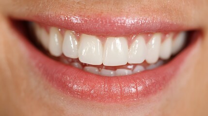 Perfect human smile showing clean white upper teeth and natural lower teeth with healthy pink gums under bright dental office lighting.