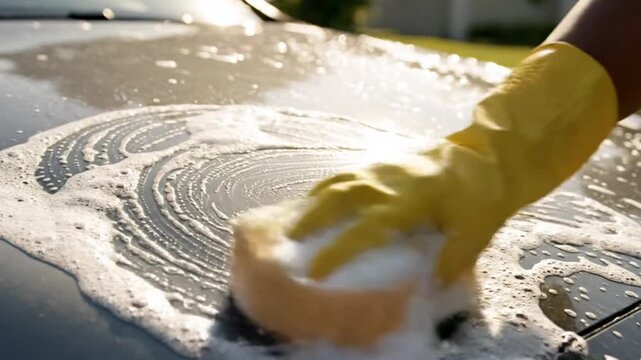 A close-up view shows a hand, protected by bright yellow gloves, diligently scrubbing an automotive surface with a sudsy sponge. Abundant white foam spreads in swirling patterns across the dark metall
