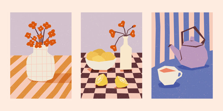 Retro cozy kitchen still life poster bundle, Warm minimalist food and drink illustration collection, Warm vintage food and beverage poster set
