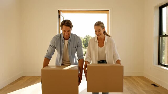 A cheerful young couple carrying cardboard boxes is entering their new home, both smiling as they move into the bright, empty room, ready to unpack and embrace this exciting new chapter of
