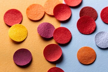 Obraz premium Colorful paper circles on blue surface a vibrant display of assorted colorful paper circles scattered across a deep blue background creating a playful visual