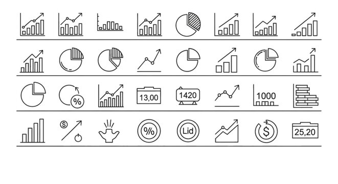 Financial Chart Icons: Growth, Analytics, and Data Visualization Symbols. Isolated Line Art.