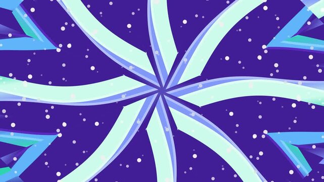 Abstract motion graphics with swirling shapes and dots on a purple background, illustrating dynamic movement and visual effects in a digital art video from a central viewpoint