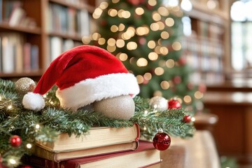 Obraz premium Festive holiday scene with santa hat on books and christmas tree in background