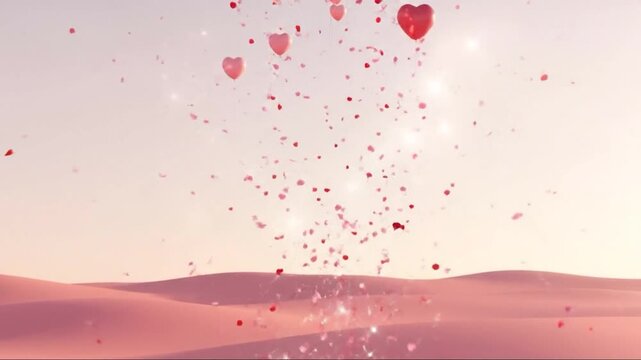 Heart Confetti Rising Over Minimal Pastel Valentine Landscape
