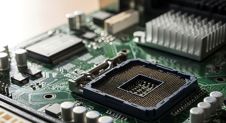 Unveiling the intricate core of modern technology, this image presents a detailed view of a computer motherboard, showcasing its complex components and circuits.