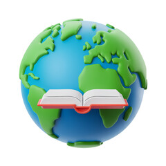 Global literacy symbol depicting open book overlaid on the world, emphasizing knowledge and education worldwide . Isolated on transparent background, png