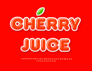 Vector Advertising sticker Cherry Juice. Red Rounded Font. Cute Glossy Alphabet Letters and Numbers set.
