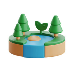 miniature landscape illustration, capturing a serene natural oasis with vibrant trees and a tranquil pond, perfect for conceptual design . Isolated on transparent background, png